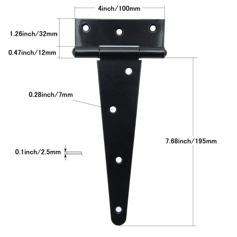 TamBee T-Strap Barn Door Hinges Shed Door Heavy Duty Hinges Gate Strap Hinges Black Wrought Hardware Iron Rustproof (8inch, 6 PCS) - Image 2